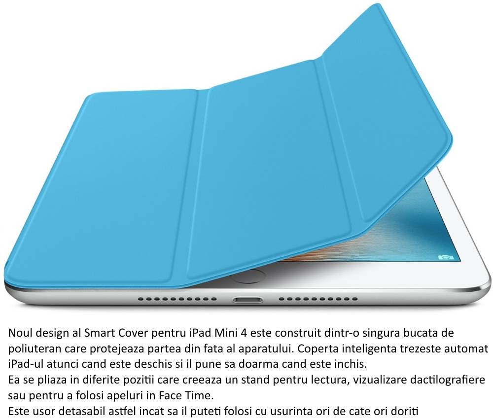 Husa Stand Apple Smart Cover pentru iPad mini 4, MKM12ZM A Blue