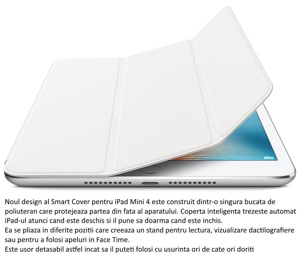 Husa Stand Apple Smart Cover pentru iPad mini 4, MKLW2ZM A White