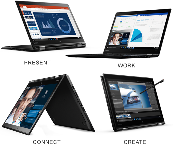 Versatilul model ThinkPad X1 Yoga lucrează cum doriți, cu cele patru moduri de utilizare pentru lucru, prezentări, creație și conectare.