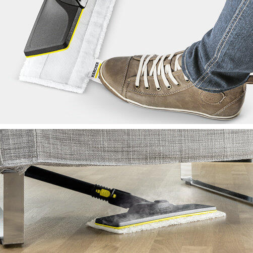 Aparat de curatat cu abur SC 4 EasyFix Iron: Kit de curățare a podelei EasyFix cu garnitura flexibilă pentru duza de podea și înlocuirea lavetei murdare fără a intra în contact cu murdăria, datorită sistemului inovativ de fixare.