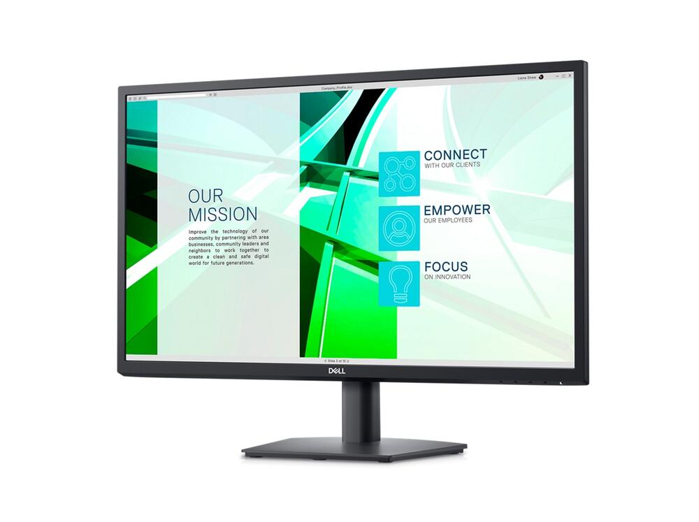Imagine a unui monitor Dell E2723 cu un fundal verde si alb pe ecran.