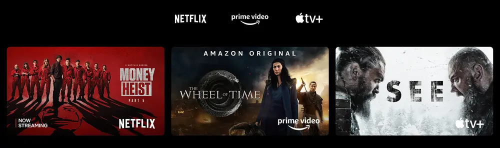 Poster Money Heist de la Netflix, The Wheel of Time de la Prime Video, Vezi de la Apple TV Plus
