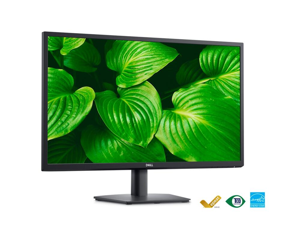 Imagine a unui monitor Dell E2723 cu fundal cu frunze verzi pe ecran.