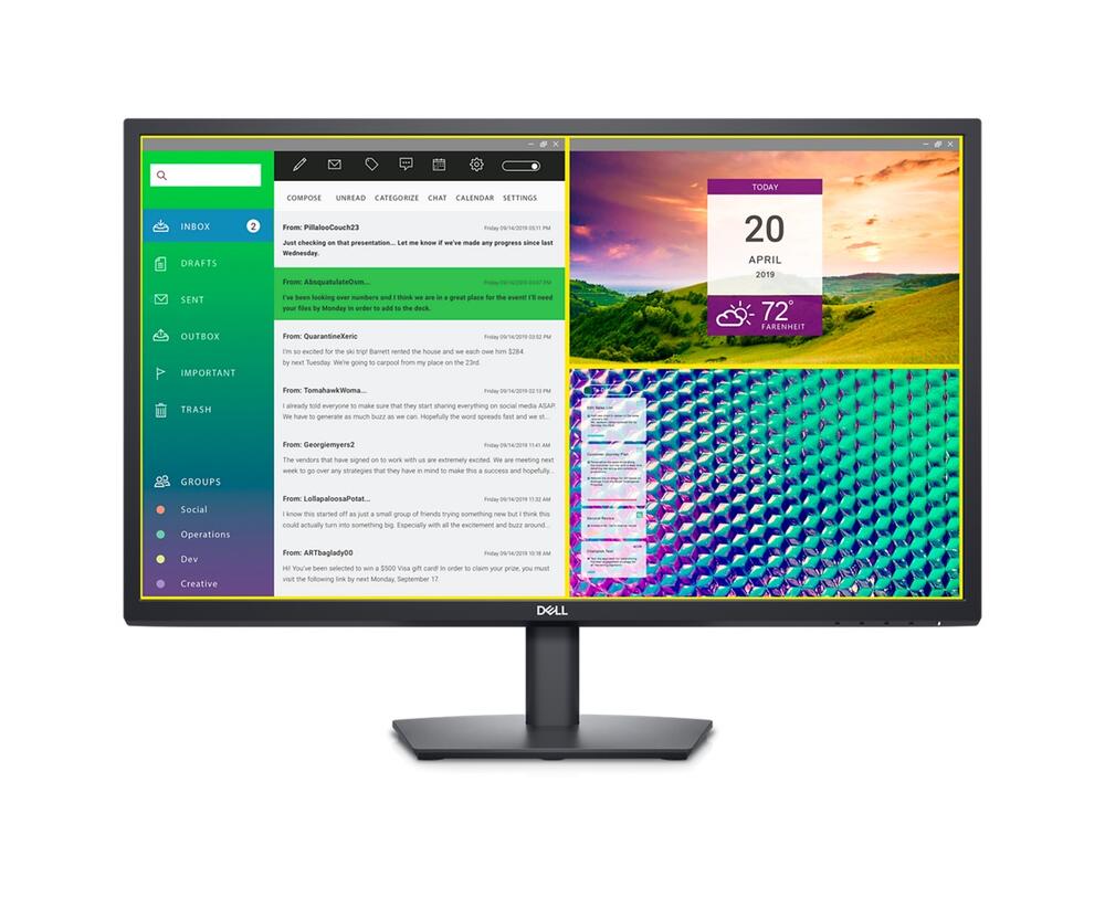 Imagine a unui monitor Dell E2723 cu 3 instrumente diferite deschise pe ecran.