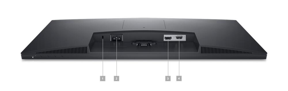Imagine a unui monitor Dell E2723 cu ecranul in jos si numerele de la 1 la 4 care arata porturile disponibile sub produs.