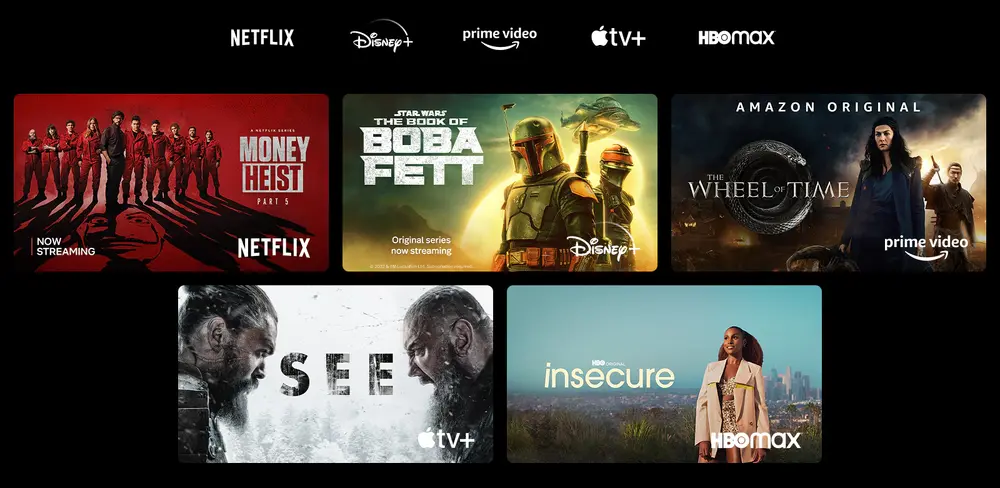Poster cu filmul Fabrica de bani de la Netflix, Cartea lui Boba Fett de la Disney Plus, Roata timpului de la Prime Video, vizionai continut de la Apple TV Plus si Insecure de la HBO Max 