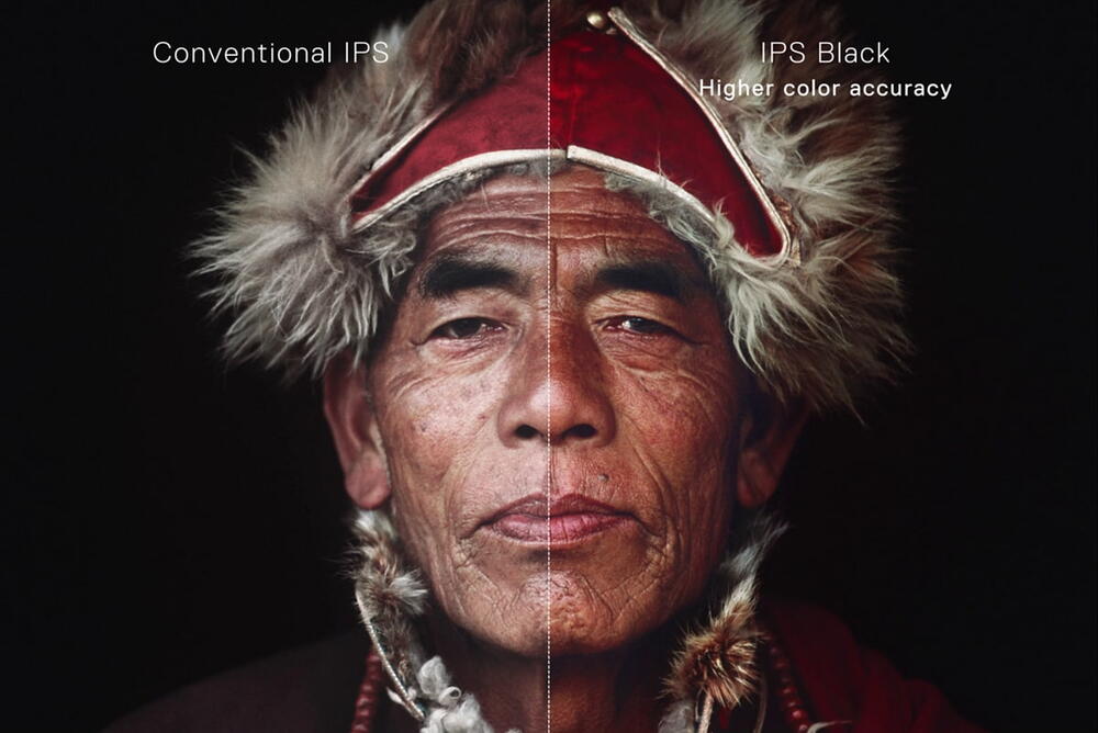 Picture of an indigenous man in the center of the screen, the right side of it has higher color accuracy.