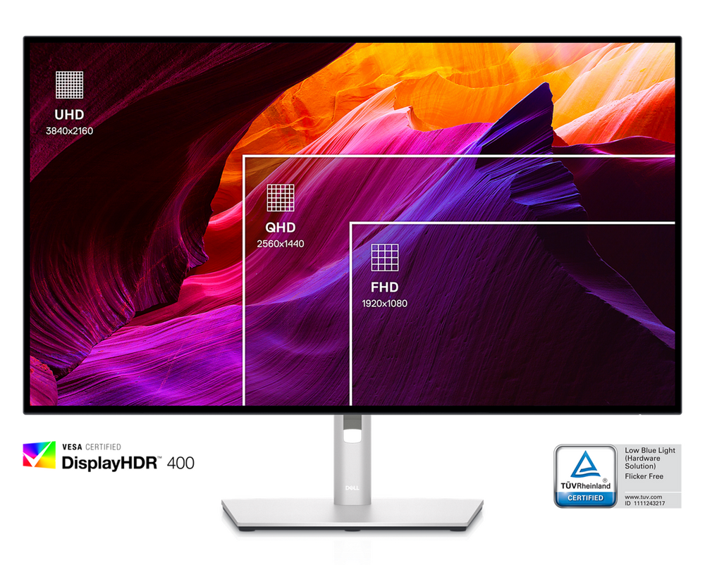 Imagine cu monitorul Dell U3223QE cu un fundal colorat impartit prin dreptunghiuri albe cu rezolutii diferite ale monitorului.