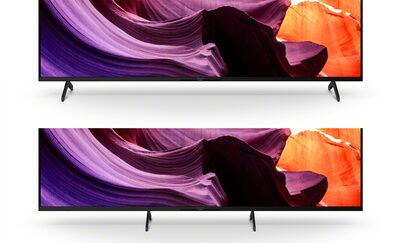 Imagine care prezinta suportul cu 2 pozitii si televizorul BRAVIA pe care apare un material portocaliu si violet