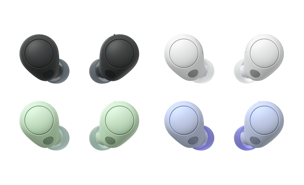 Imagine cu o pereche de casti wireless WF-C700N cu anulare digitala a zgomotului, modelele negru, alb, verde salvie si lavanda