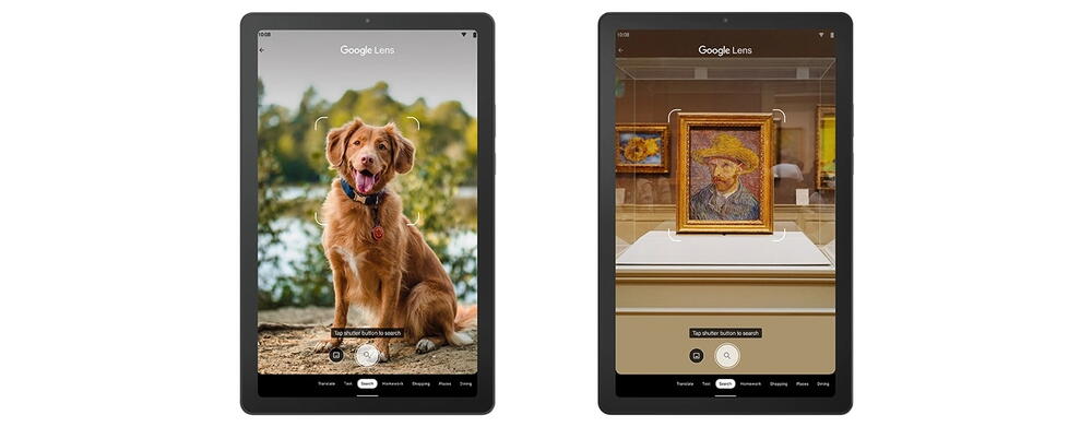 Google Lens este folosit pe tableta Lenovo Tab M9 pentru a fotografia un caine si pictura Van Gogh