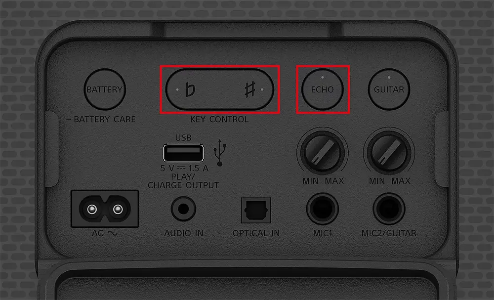Prim-plan cu panoul de control SRS-XV800. Butoanele Echo si Key Control sunt evidentiate de casete rosii