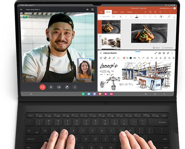 Two hands are shown typing on a Tab S9 Book Cover Keyboard. The device's screen is divided into three windows. A video call with a man wearing an apron on Google Meet is shown on the left. On the right, slides of cooking images are displayed using Microsoft 365 program on the top and a design sketch of a bar on the bottom.