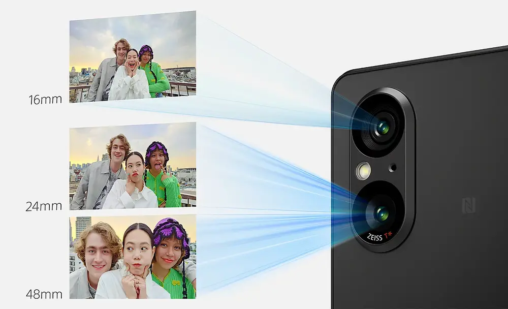 Imagine cu Xperia 5 V cu linii albastre si trei imagini iesind din camerele telefonului, fiecare imagine mai aproape de subiecti