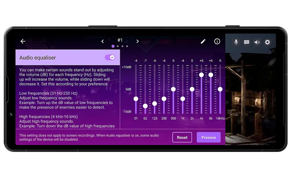 Imagine cu un Xperia 5 V cu interfata egalizator audio pe ecran