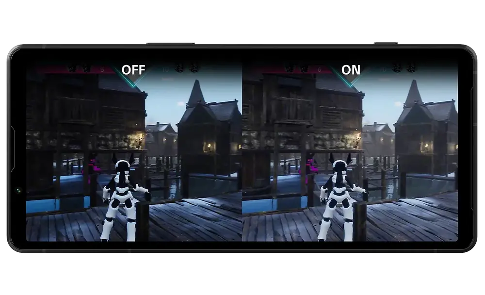 Un Xperia 5 V cu o imagine din joc divizata pe ecran, cu cea din stanga intunecata si textul OFF (Dezactivat) si cea din dreapta luminoasa si textul ON (Activat)