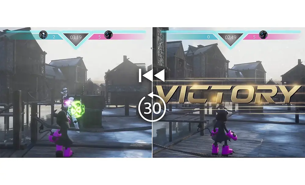Imagine divizata cu doua secvente din joc, cu un simbol de derulare inapoi si 30 de secunde in mijloc