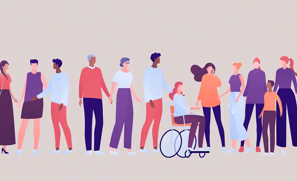 Ilustratie cu o varietate de persoane, de diferite varste, etnii si cu diferite dizabilitati
