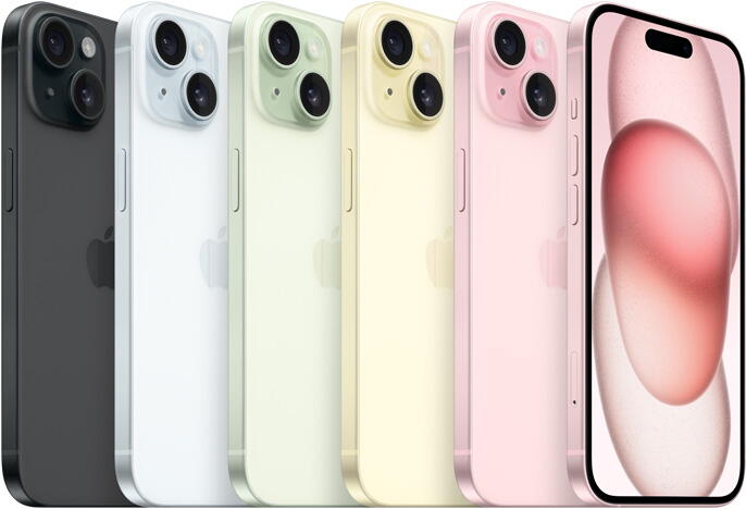 Vedere posterioara a lui iPhone 15 in 5 culori – Negru, Albastru, Verde, Galben, Roz si vedere frontala a lui iPhone 15 pe Roz