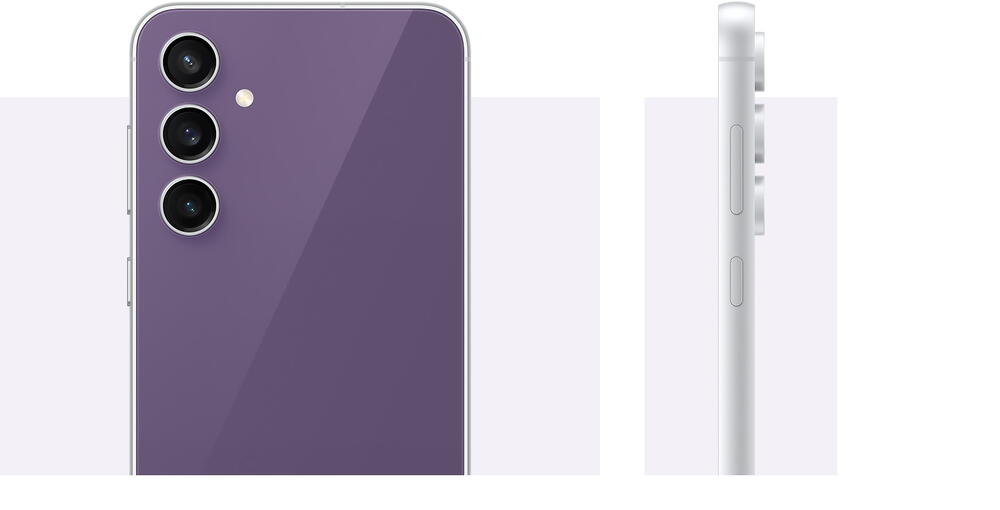 Two Galaxy S23 FE devices in Purple. One stands upright and is seen from the rear. The other is …