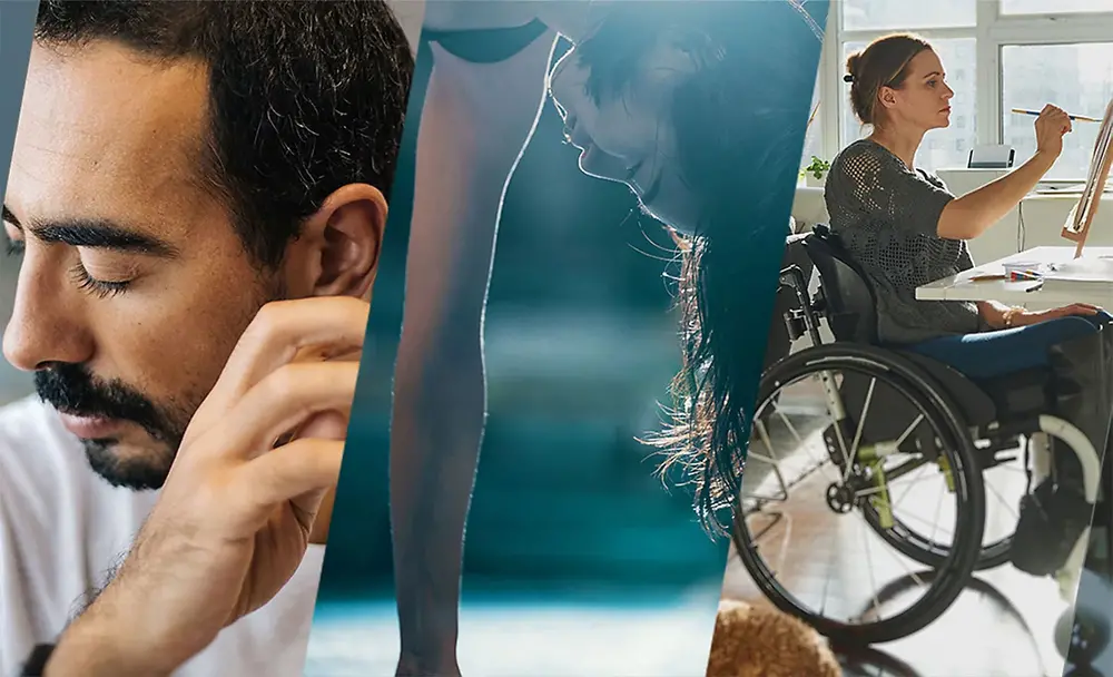 Trei imagini imbinate: o persoana cu ochii inchisi, o persoana stand in maini si o persoana intr-un scaun cu rotile pictand pe o panza.